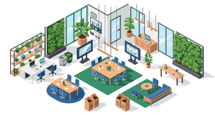 Modern eco-friendly office design with green wall and sustainable furniture in isometric style