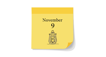 Vintage November 9th Reminder with Lantern on Yellow Sticky Note Isolated on White Background, Nostalgic Date Keepsake and Memory Concept