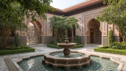Arabian-style palace courtyard with traditional fountain and garden entrance