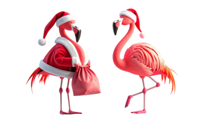 Two cartoon flamingo in Santa outfit bundle isolated on transparent background