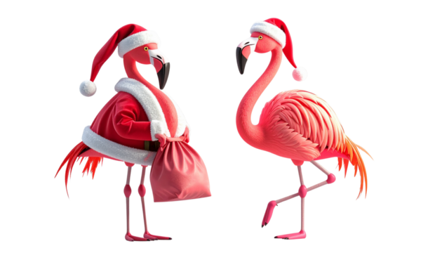 Two cartoon flamingo in Santa outfit bundle isolated on transparent background