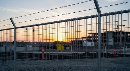 A construction site with a fence and cranes at sunset.