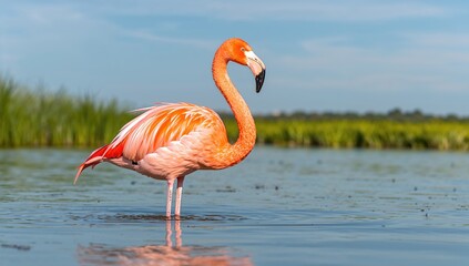 Obraz premium Lesser flamingo (Phoeniconaias minor) wading in water during mating season in a wetland habitat