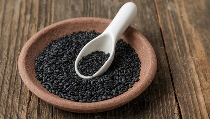 Clay plate holding black sesame seeds alongside a white scoop on a wooden table