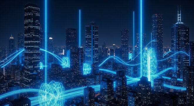 Futuristic smart city with glowing blue data streams connecting skyscrapers at night, big data and 10g network technology concept for modern metropolis