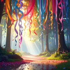 Colorful ribbons cascade through sunlit forest, creating a festive atmosphere with flowers