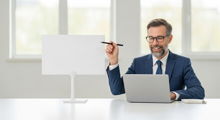 A man in a suit holding a pen and a blank white card in front of a laptop.