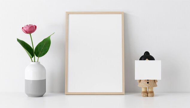 Minimalist home decor featuring a blank notepad, blooming flower, and leaf in a modern vase with a rain doll and empty sign on a white background