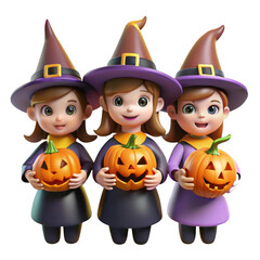 Three adorable cartoon witches holding jack o lanterns isolated on transparent background