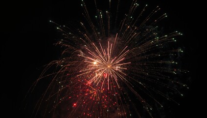 Obraz premium Vibrant fireworks burst in red, green, and yellow lighting up the dark night sky with vivid streaks of light