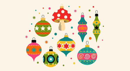 Festive retro Christmas ornaments and mushroom holiday decorations on an off-white background