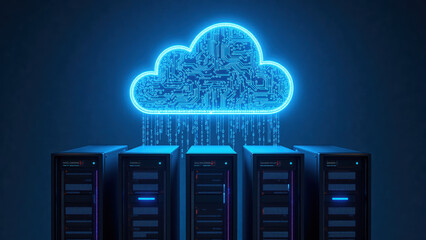 Digital cloud technology connects servers with glowing circuits, symbolizing data storage and transfer