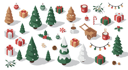 Festive holiday elements: isometric christmas trees, gifts, hot cocoa, decorations
