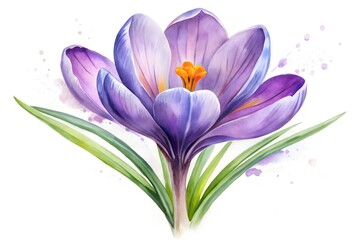 Fototapeta premium Delicate watercolor painting of a vibrant purple crocus flower with green leaves and artistic splatters