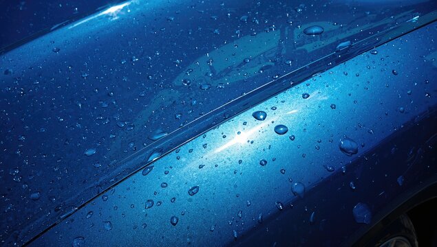 Shiny blue vehicle covered in water droplets on a polished surface