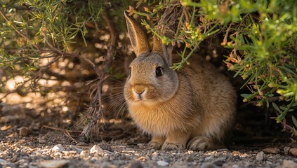 Fototapeta premium Close-up of a furry desert rabbit peeking from beneath a shrub in a natural setting, capturing a wild mammal in its habitat.