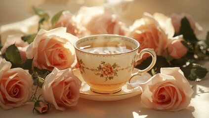 Fototapeta premium Close-Up of Floral Tea Served in Antique Cup