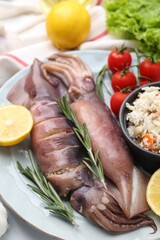 Raw squids, stuffing, rosemary, lemon and tomatoes on white table, closeup
