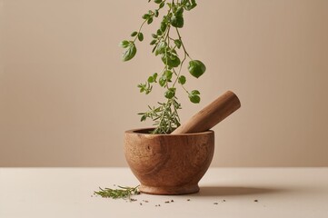 Herbs dropping into a mortar against a plain backdrop