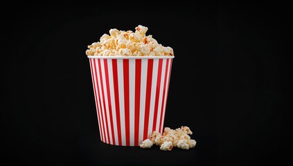 Striped paper container filled with popcorn against a black backdrop, symbolizing movie or TV viewing.