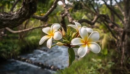 Obraz premium Frangipani blossoms growing on the tree branches