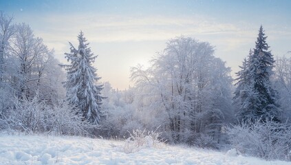Breathtaking frosty landscape of a snowy woodland at dawn