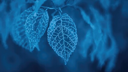 Close-up of delicate leaf skeletons against a soft blue bokeh backdrop