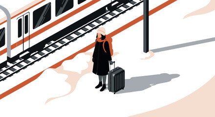 Traveler waiting at train station in winter minimalist illustration