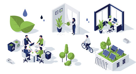Sustainable office environment with green energy and eco-friendly practices