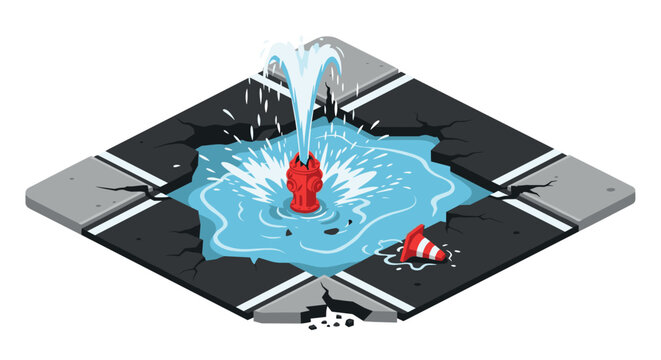 Burst fire hydrant in urban street flooding scene with broken concrete