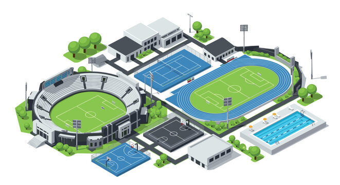 Modern sports complex isometric design with stadium, courts, and pool