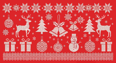 Festive Christmas Pattern Design with Holiday Elements on Red Background