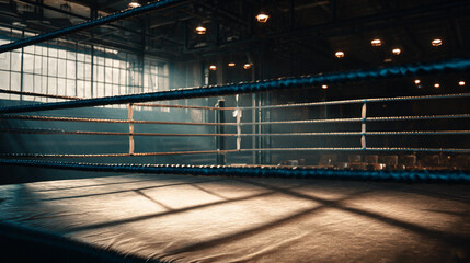 Naklejka premium Boxing Ring in Sports Arena: Dramatic Lighting, Fight Preparation & Championship Fight Atmosphere