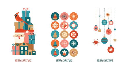 Festive Christmas Illustrations with Ornaments, Presents and Santa