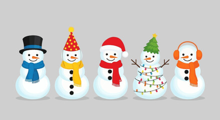 Festive Snowmen Cartoon Vector Illustration, Winter Characters with Scarves and Hats