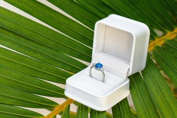 Exquisite blue sapphire and diamond engagement ring nestled in a white box on a vibrant green palm leaf, suggesting a romantic tropical proposal