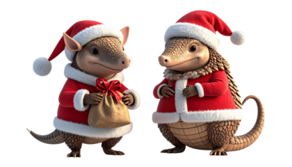 Two cartoon armadillo in Santa outfit bundle isolated on transparent background