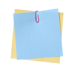 Blank paper notes attached with clip isolated on white