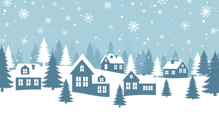 Winter Village Scene A serene landscape with snow-covered houses and frosty pine trees creating a tranquil holiday backdrop