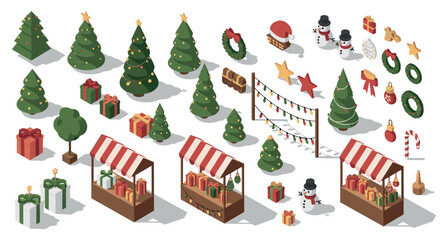Festive isometric christmas market with trees, gifts, and decorations