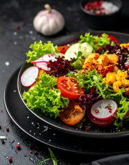 Colorful salad of greens, tomatoes, radishes, and cucumbers on a black plate