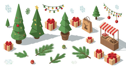 Festive isometric christmas elements with trees, gifts, and holiday decorations
