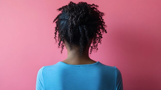 back view of woman with natural curly hair against pink background