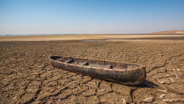 A traditional Marsh Arab canoe called a Mashoof stranded on dry land amid a harsh summer drought caused by climate change and social turmoil.
