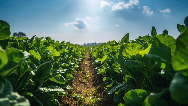 Spinach crop prepared for picking, cultivated on ridges