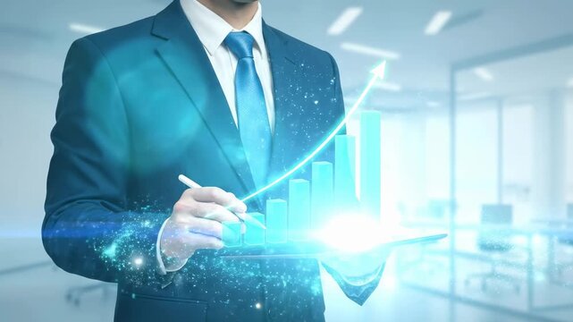 Businessman interacting with a glowing holographic bar chart on a digital tablet, symbolizing business growth, financial success, and data-driven strategy in a modern office.