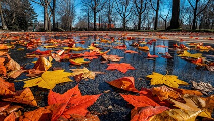 Colorful fall foliage scattered on soaked ground