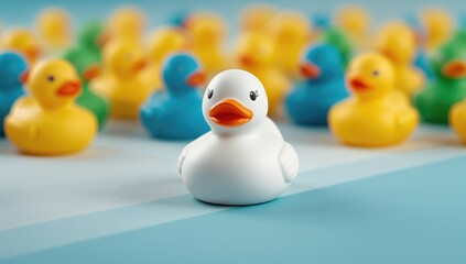Unique white rubber duck differentiates itself from others. Concept of diversity, individuality, and independence in business.