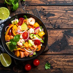 Colorful salad in a black bowl, featuring seafood, vegetables, and herbs, on wood
