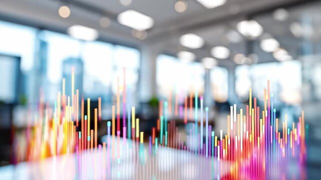 A colorful digital chart illustrates marketing trends in a contemporary office environment. Sunlight streams through large windows, highlighting a busy workspace dedicated to business growth.